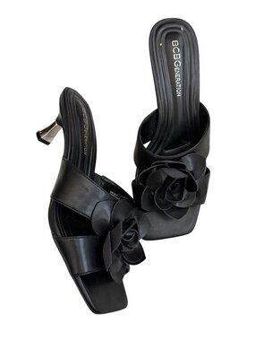 BCBGeneration Black Rosette Mule Heels Square Toe Kitten Heel Sandals